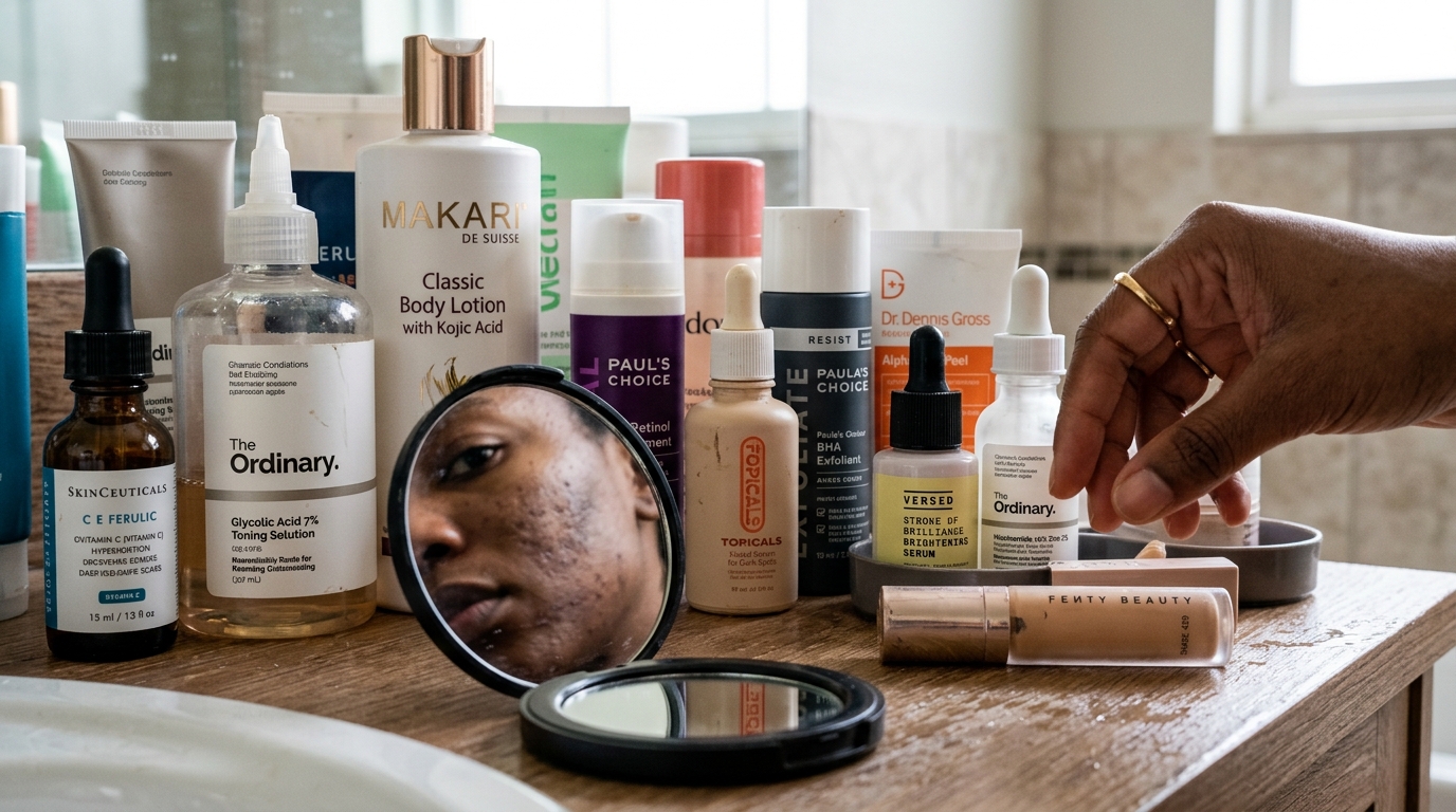 Bathroom shelf crowded with brightening products beside compact mirror